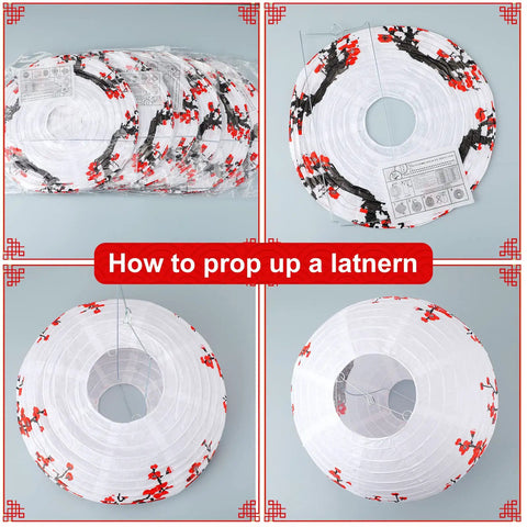 Instructions on assembling 12 inch cherry flower lanterns from 20 Piece Chinese Japanese Paper Lantern Set With 12 Inch Cherry Flower Lanterns And 7.87 Inch Red Lanterns For Hibachi Parties Birthday Weddings Home Decor Asian Restaurant Vibe