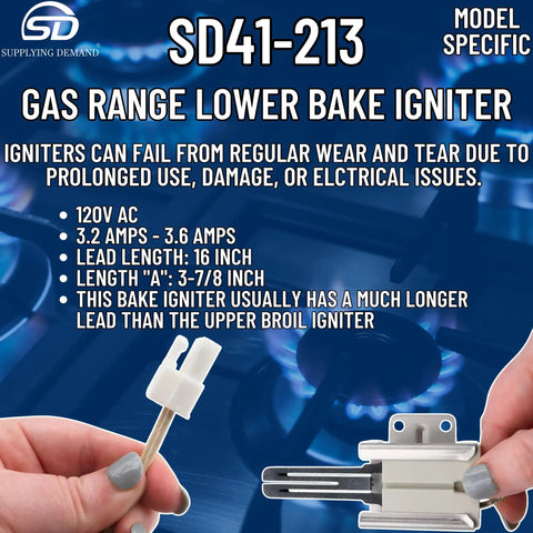 Gas Range Lower Bake Igniter Replacement For Model Specific Fitment 120V AC 3.2 To 3.6 Amps 16 Inch Lead 3 7 8 Inch Length Compatible With AP4433236 1513415 7316489403 AH2364063 EA2364063 PS2364063 Not Universal