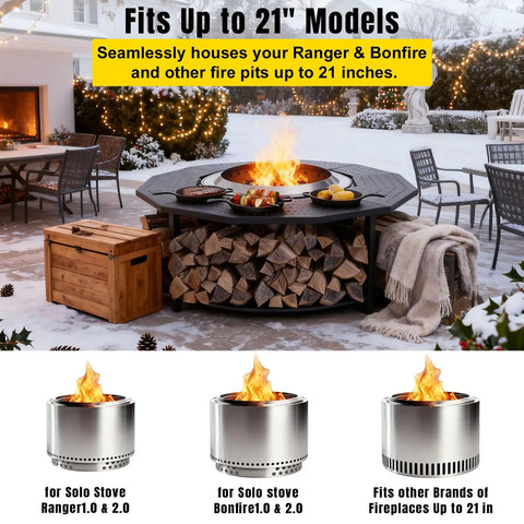Outdoor scene with 41 Inch Fire Pit Surround Tabletop Universal Fit for 21 Inch Pits, showing table with firewood storage shelf.