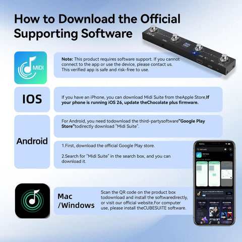 Instructions for downloading Chocolate Plus Wireless Bluetooth MIDI Foot Controller supporting software shown with diagram.