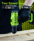 Cordless 20V Drill Kit With Battery And Charger Two Speed Gear Eighteen Plus One Torque Settings Three Eighths Inch Chuck in use