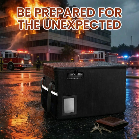 Ultra Durable 6400 Degrees Fahrenheit Fireproof Document Safe Box With Lock Portable File Organizer on wet street.