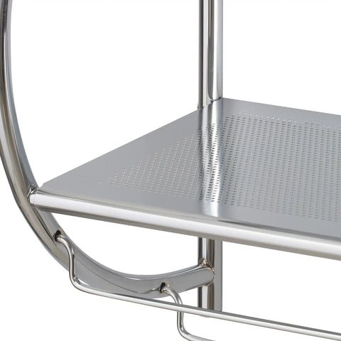 Close-up of wall mounted two tier bathroom shelf with towel bars, chrome finish, showcasing perforated shelf detail.