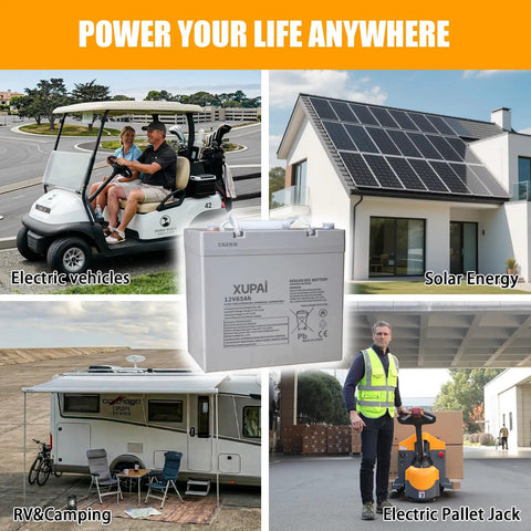 ApolloLift 12V 65Ah Lead Acid Battery For Electric Pallet Jack Truck Model A-1029 amid electric vehicles and solar energy.