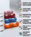 Pro-Grade EMT Conduit Spacing Kit 4-Piece Magnetic Spacer Set for Electricians, Color-Coded Alignment Fits 1/2 to 1-1/4 in Conduit, Offsets 1-3/4, 2, 2-1/2 in, Stainless Steel Lanyards, Durable Engineering Plastic. Four color-coded magnetic EMT spacers with lanyards on white background.