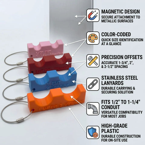 Pro-Grade EMT Conduit Spacing Kit 4-Piece Magnetic Spacer Set for Electricians, Color-Coded Alignment Fits 1/2 to 1-1/4 in Conduit, Offsets 1-3/4, 2, 2-1/2 in, Stainless Steel Lanyards, Durable Engineering Plastic. Four color-coded magnetic EMT spacers with lanyards on white background.