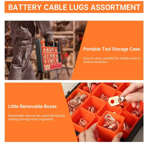 Beefy Battery Cable Ends Kit With 220 Pcs Copper Wire Lugs in storage case showing removable boxes for organization