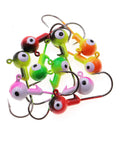 Top Shelf Ball Head Jig Heads Set With Razor Sharp High Carbon Steel Hooks For Freshwater Saltwater Fishing 1 32oz To 1 2oz Assorted Two Tone 50 Piece Pack showing assorted colors and designs.