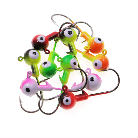 Top Shelf Ball Head Jig Heads Set With Razor Sharp High Carbon Steel Hooks For Freshwater Saltwater Fishing 1 32oz To 1 2oz Assorted Two Tone 50 Piece Pack showing assorted colors and designs.