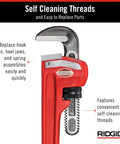 Heavy-Duty 18-Inch Straight Pipe Wrench For Plumbing Jobs With I-Beam Handle, Self-Cleaning Threads, Floating Forged Hook Jaw, And Replaceable Jaws