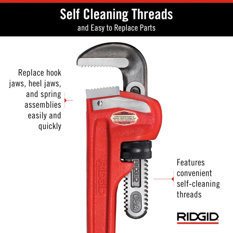Heavy-Duty 18-Inch Straight Pipe Wrench For Plumbing Jobs With I-Beam Handle, Self-Cleaning Threads, Floating Forged Hook Jaw, And Replaceable Jaws