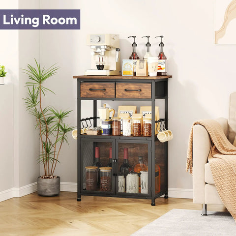 Go To Coffee Bar Cabinet With Drawers And Hooks, 20.47 Inch Wide Kitchen Storage Station shown in a living room setting