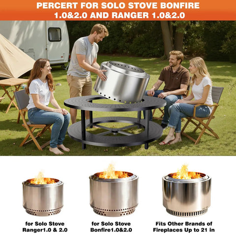 Group enjoying 41 Inch Fire Pit Surround Tabletop With Wood Storage Shelf And Powder Coated Steel Surround in a patio setting.