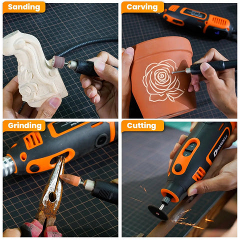 Heavy Duty Corded Rotary Tool With 200watt Motor And 8000 To 40000 Rpm Variable Speed Flex Shaft Digital Display shown in sanding, carving, grinding, and cutting tasks.