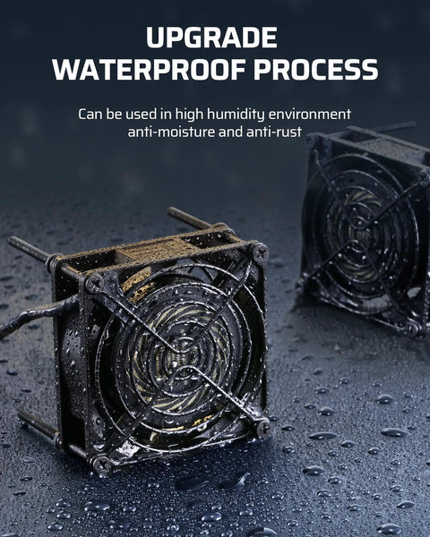 Built Like A Tank Waterproof Exhaust Fan 80mm 2 Pack 120V AC Cooling Ventilator 14W 2470RPM 21 CFM showing durable design with moisture resistance.