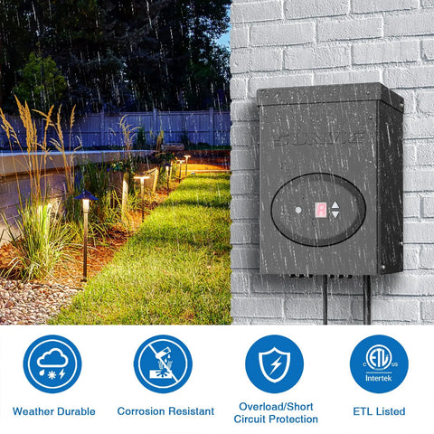 120W Low Voltage Landscape Transformer With Timer And Photocell Sensor For Outdoor Lighting 12V Waterproof ETL Listed installed on wall.
