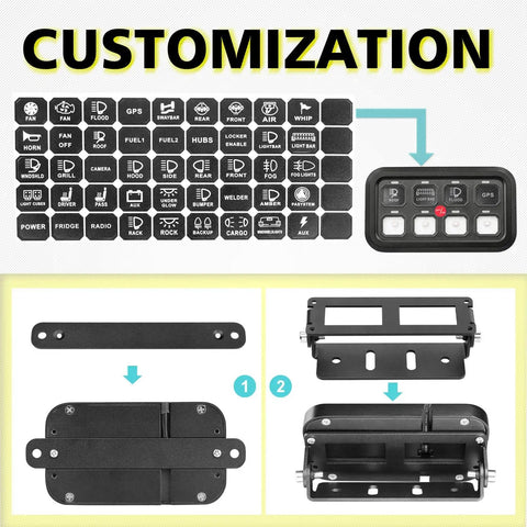 8 Gang Switch Panel For Trucks, SUVs, UTVs And Boats, Touch Panel layout and mounting brackets shown.