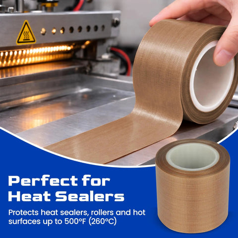 PTFE Teflon Tape For Heat Sealers High Temp Nonstick Sealing Strip 1 Inch By 33 Ft 0.18mm Thick Replacement Tape shown in use