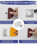 Steps showing the use of Drywall Repair Kit With Spackle And Patches, Scraper, Sandpaper And Gloves, 8.5 Ounce White Putty
