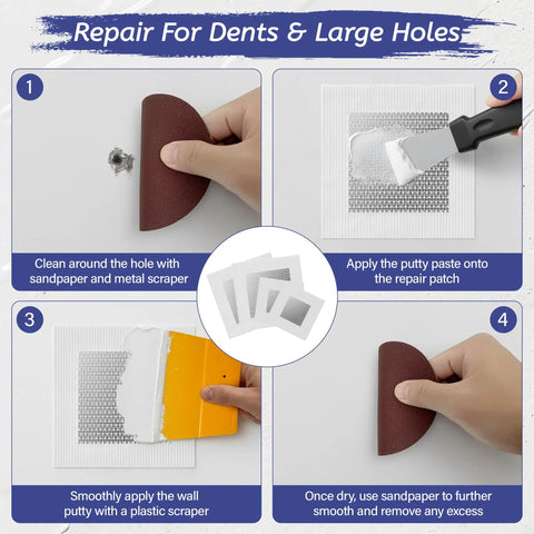 Steps showing the use of Drywall Repair Kit With Spackle And Patches, Scraper, Sandpaper And Gloves, 8.5 Ounce White Putty