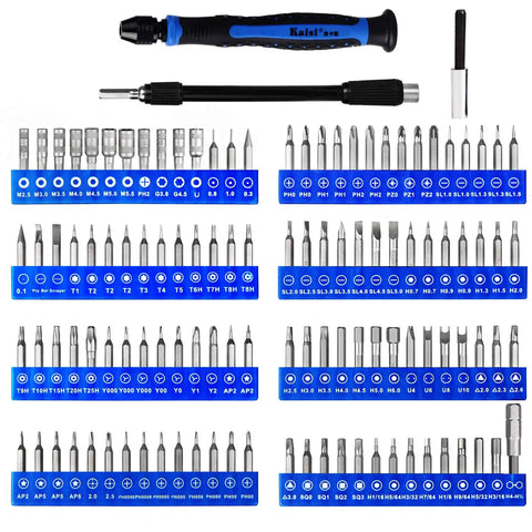 136 In 1 Electronics Repair Tool Kit With Magnetic Drive Bits, 111 Screwdriver Bits, precision tools arranged neatly
