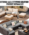 Tough As Nails Heavy Duty Outdoor Furniture Clips For Wicker Patio Sets, showing sectional sofa secured before and after use.