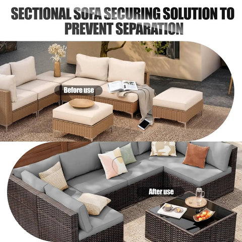 Tough As Nails Heavy Duty Outdoor Furniture Clips For Wicker Patio Sets, showing sectional sofa secured before and after use.