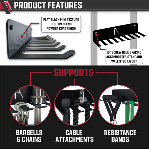 Heavy Duty Wall Mount Gym Storage Rack With 9 Or 11 Hooks, Steel Black Powder Coat, shown with barbells, cables, and resistance bands.
