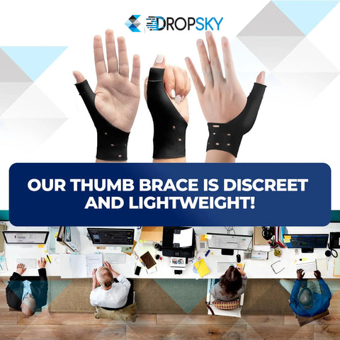Black Thumb Brace 4 Pack Waterproof Splints With Gel Pad for Carpal Tunnel and Arthritis, shown on hands.