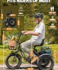 Folding Electric Trike With Fat Tires And Step Through Frame Three Wheel Ebike For Adults 55 Mile Range, rider on trike