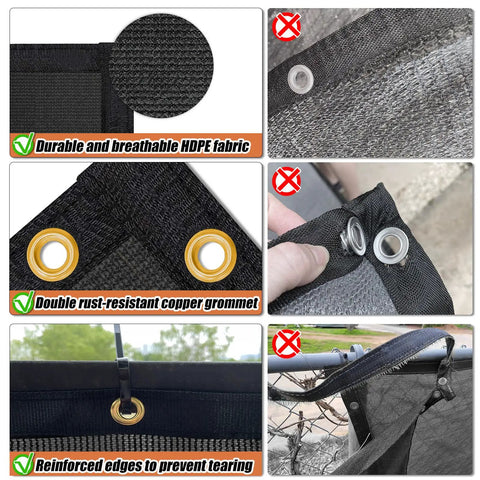 Heavy Duty Privacy Screen Fence Net 8 Ft By 50 Ft Black Mesh detail showing durable HDPE fabric and copper grommets