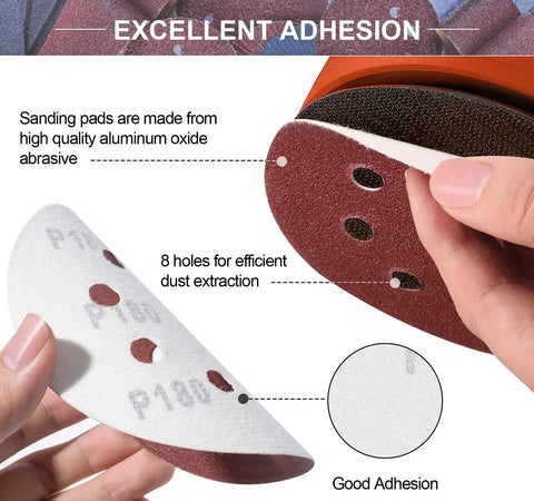 150 Piece Sanding Disc Set With 60 80 100 120 150 180 240 320 400 600 Grits 5 Inch 8 Hole Hook And Loop Discs close-up