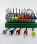 Carburetor Jet Drill Bits Set Fifty Piece for Jet Tuning Solid Carbide Mini Drill Bits in an organized stand, various sizes.