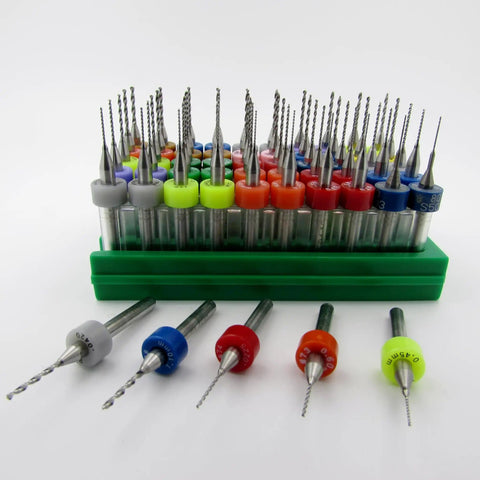 Carburetor Jet Drill Bits Set Fifty Piece for Jet Tuning Solid Carbide Mini Drill Bits in an organized stand, various sizes.