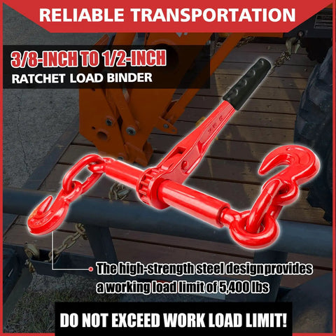 Heavy Duty Ratchet Chain Binders 3/8 To 1/2 Inch, 9200 Lbs Working Load, 2 Pack With Grab Hooks For Grade 70 Transport Chain, Tie Downs For Towing And Hauling, Weatherproof Red Shell, Durable Load Securement