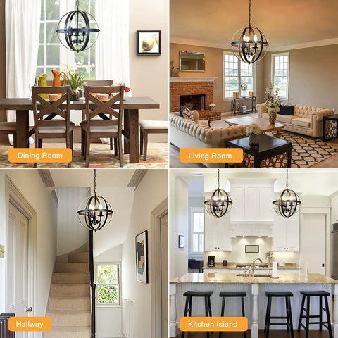 Totally Dope Vintage Farmhouse Globe Chandelier With Three Pendant Lights in dining room, living room, hallway, and kitchen island setup