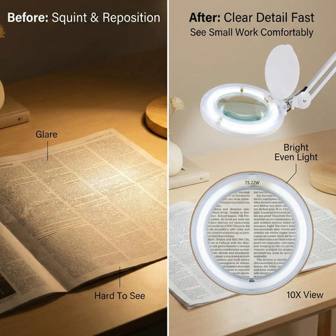 Comparison showing Premium 10X Magnifying Lamp With 6500K LED Light, Before: hard to see text, After: clear 10x view and bright light