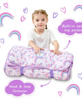 Toddler holding an Extra Large Toddler Nap Mat With Pillow And Blanket For Daycare And Preschool, rainbow design, built-in name tag