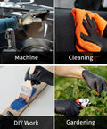 Dang Tough Heavy Duty Black Nitrile Gloves Six Mil Thick Flexible Shell With Textured Grip And Latex Free Powder Free Finish used for machine work, cleaning, DIY tasks, and gardening.