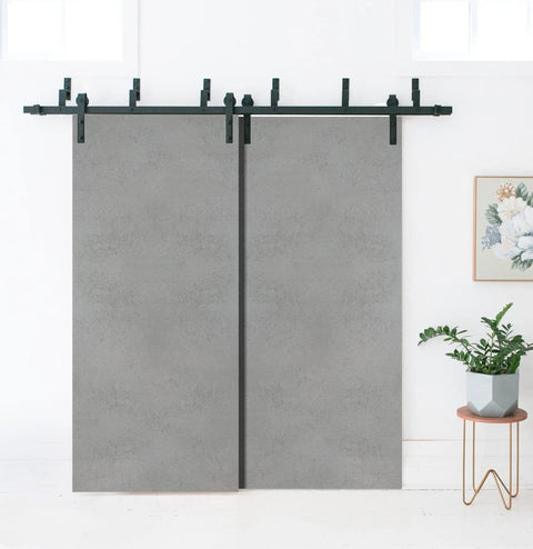 Solid Wood Barn Door Set With Two Black Bypass Sliding Doors No Glass 64 By 96 Inches Modern Farmhouse Look Includes 6.6 Foot Rails Hangers Floor Guides Door Stops Anti Jump Pins Screws Hardware Included