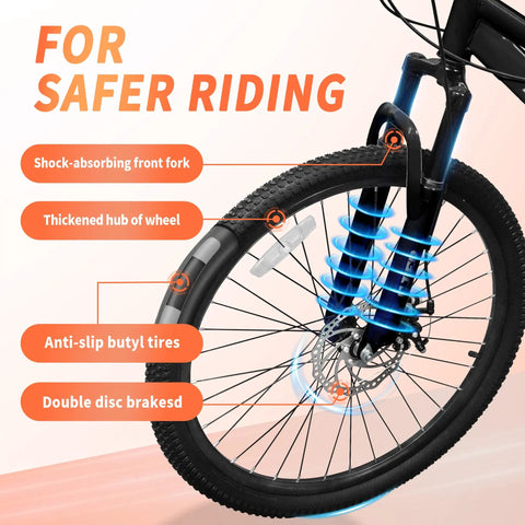 Kids Mountain Bike 20 And 24 Inch For Ages 6 To 12, 7 Speed Drivetrain, Suspension Fork, Dual Disc Brakes, Anti Slip Butyl Tires, front wheel detail