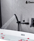 Matte black waterfall tub filler faucet with hand shower, wall mounted for modern bathrooms, showing high flow water spray.