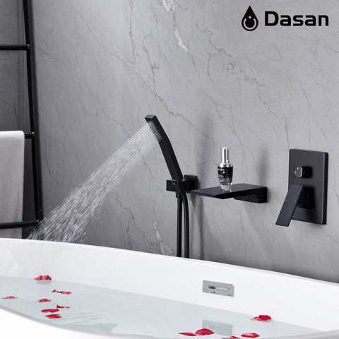 Matte black waterfall tub filler faucet with hand shower, wall mounted for modern bathrooms, showing high flow water spray.