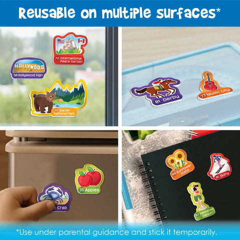 Reusable stickers from USA Map With Reusable Stickers Wall Chart For Kids on surfaces, including jelly stickers of landmarks.