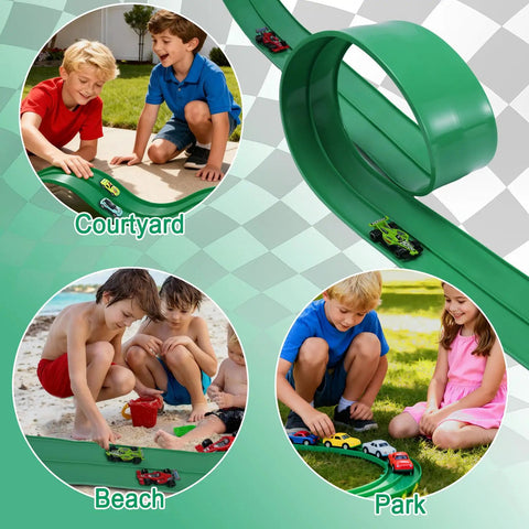 Customizable 15.75 Ft Flexible Race Track For Kids With 4 Cars And 6 Suction Cups Easy To Store Outdoor Toy Set in use