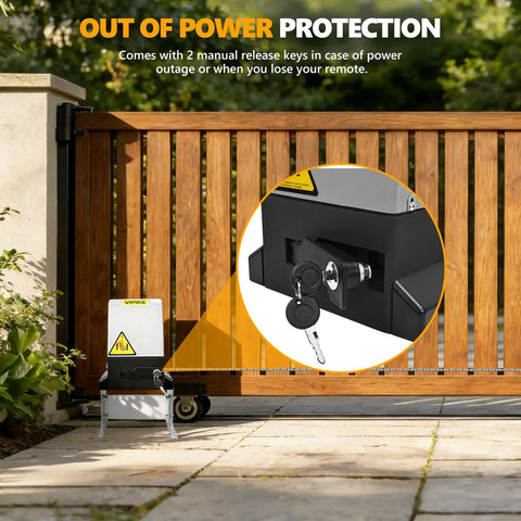 4400lb WiFi Sliding Gate Opener with Smart App Control showing key lock feature against wooden gate backdrop