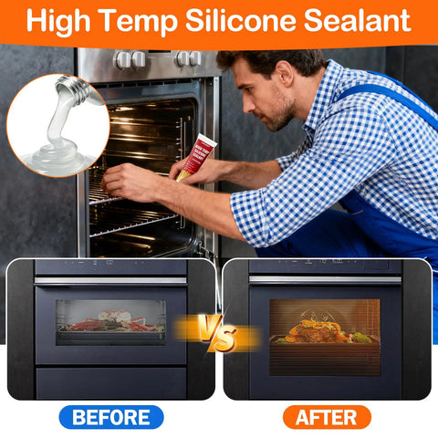 Extreme Heat Silicone Sealant For Grills And Ovens, Waterproof And Insulating Adhesive applied to oven with before and after results