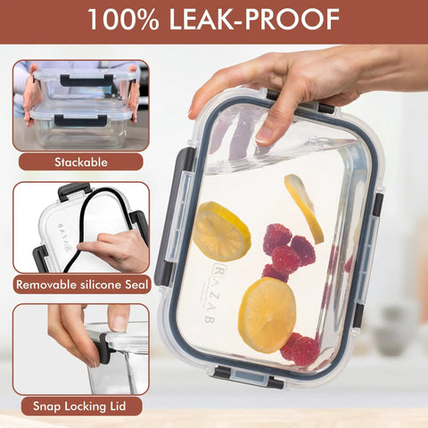 Hand holding Big Glass Storage Set 63 Oz Meal Prep Containers with Locking Lids, shows stackability, removable seal, and snap lid