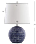 Navy Ceramic Hand Painted Scallop Sphere Table Lamp With White Linen Drum Shade For Coastal Transitional Bedside And Living Room Vibe LED Bulb Included ETL Listed 120 Volt Safe And Stylish, front view with dimensions.