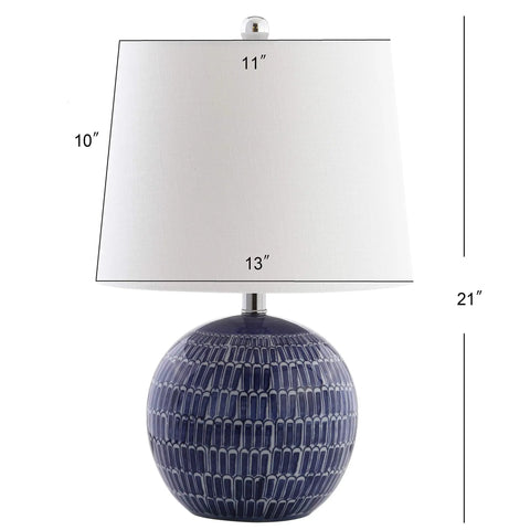 Navy Ceramic Hand Painted Scallop Sphere Table Lamp With White Linen Drum Shade For Coastal Transitional Bedside And Living Room Vibe LED Bulb Included ETL Listed 120 Volt Safe And Stylish, front view with dimensions.